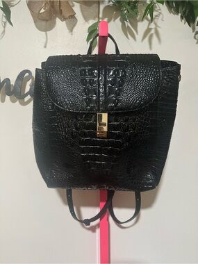Brahmin Black Croc-Embossed Leather Backpack with Gold Lock